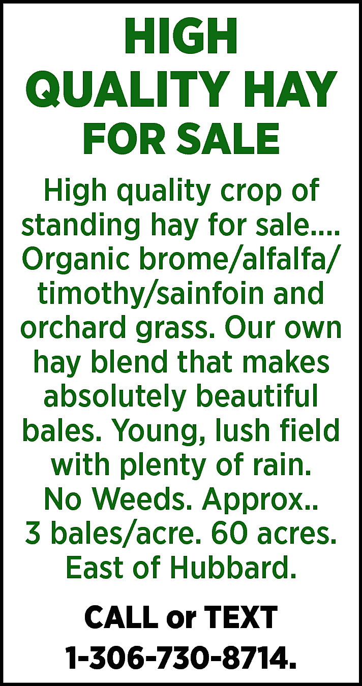 HIGH <br>QUALITY HAY <br>FOR SALE  HIGH  QUALITY HAY  FOR SALE    High quality crop of  standing hay for sale....  Organic brome/alfalfa/  timothy/sainfoin and  orchard grass. Our own  hay blend that makes  absolutely beautiful  bales. Young, lush field  with plenty of rain.  No Weeds. Approx..  3 bales/acre. 60 acres.  East of Hubbard.  CALL or TEXT  1-306-730-8714.    