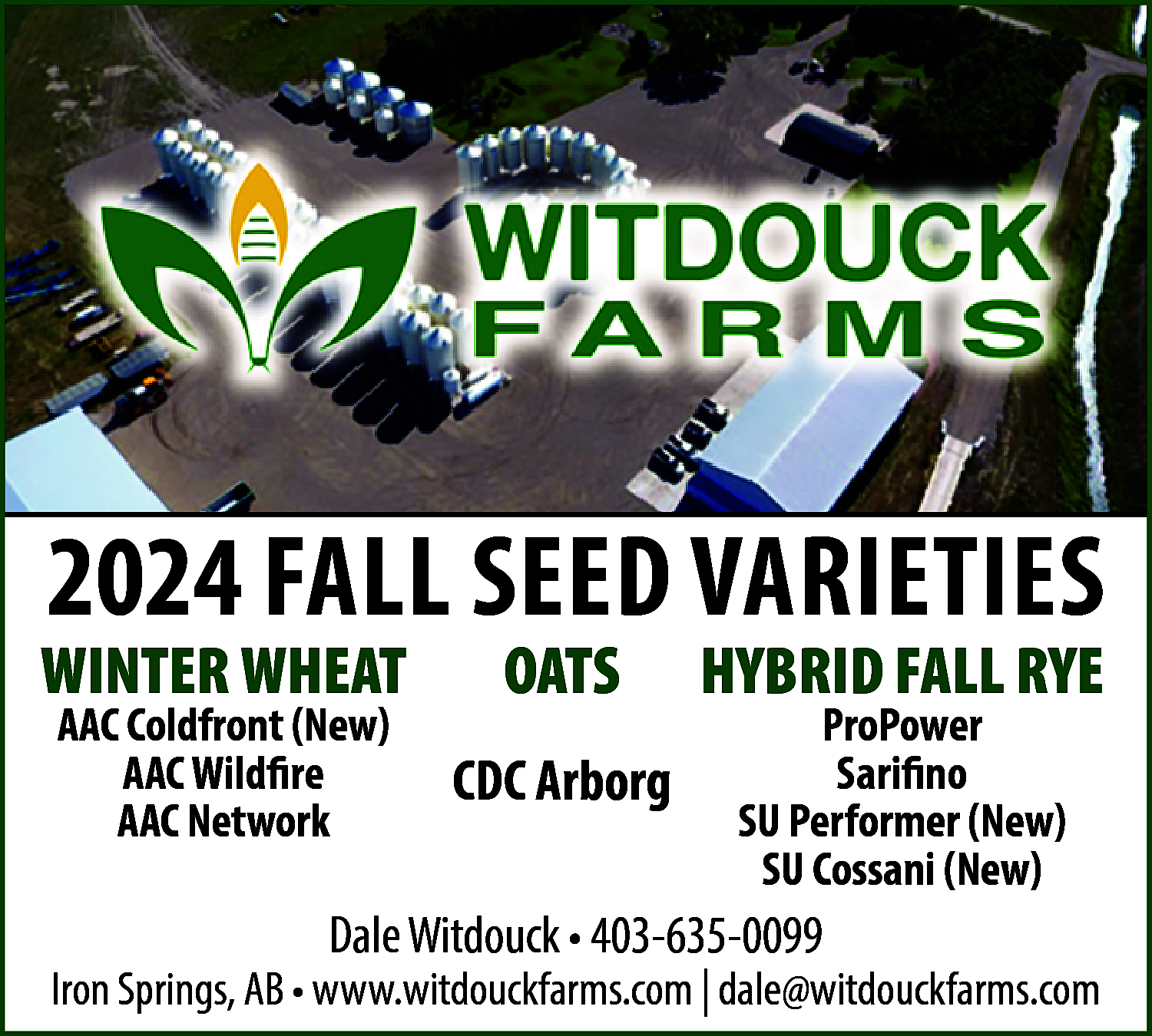 2024 FALL SEED VARIETIES <br>  2024 FALL SEED VARIETIES    WINTER WHEAT  AAC Coldfront (New)  AAC Wildfire  AAC Network    OATS    CDC Arborg    HYBRID FALL RYE  ProPower  Sarifino  SU Performer (New)  SU Cossani (New)    Dale Witdouck • 403-635-0099    Iron Springs, AB • www.witdouckfarms.com | dale@witdouckfarms.com    