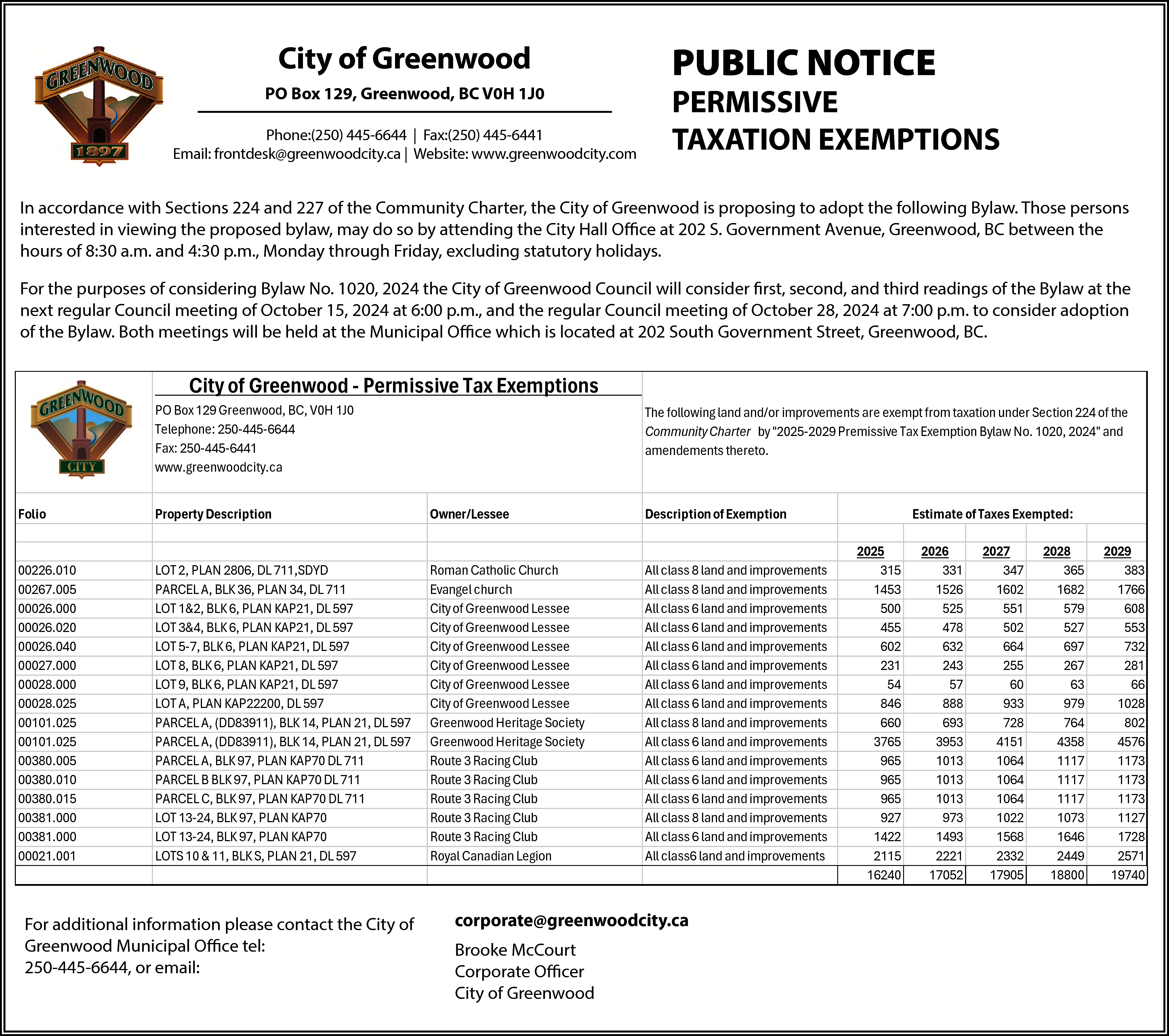 TAXATION EXEMPTIONS <br>City ofPERMISSIVE <br>Greenwood  TAXATION EXEMPTIONS  City ofPERMISSIVE  Greenwood  PUBLIC NOTICE  PO Box 129, Greenwood, BC V0H 1J0  PERMISSIVE  In accordance with Sections 224 and 227 of the Community Charter,  the City of Greenwood is proposing  Phone:(250)  445-6644  | Fax:(250)  445-6441  to adopt the following  Bylaw.  Those  persons  interested in viewing  the proposed  bylaw, may do so by  TAXATION  EXEMPTIONS  Email: frontdesk@greenwoodcity.ca | Website: www.greenwoodcity.com  attending the City Hall Office at 202 S. Government Avenue, Greenwood, BC between the hours of 8:30  a.m. and 4:30 p.m., Monday through Friday, excluding statutory holidays.    In accordance with Sections 224 and 227 of the Community Charter, the City of Greenwood is proposing to adopt the following Bylaw. Those persons  interested in viewing the proposed bylaw, may do so by attending the City Hall Office at 202 S. Government Avenue, Greenwood, BC between the  of considering  Bylawexcluding  No. 1020,  2024holidays.  the City of Greenwood Council will consider first,  hours of 8:30For  a.m.the  andpurposes  4:30 p.m., Monday  through Friday,  statutory    second, and third readings of the Bylaw at the next regular Council meeting of October 15, 2024 at    For the purposes  considering  Bylaw  No. 1020,  2024 the  City of Greenwood  will consider  second,  and thirdadoption  readings ofof  the Bylaw at the  6:00ofp.m.,  and the  regular  Council  meeting  of OctoberCouncil  28, 2024  at 7:00first,  p.m.  to consider  next regular Council meeting of October 15, 2024 at 6:00 p.m., and the regular Council meeting of October 28, 2024 at 7:00 p.m. to consider adoption  Both  will  be heldOffice  at the  Municipal  which  is locatedStreet,  at 202  South BC.  of the Bylaw.the  BothBylaw.  meetings  will meetings  be held at the  Municipal  which  is located Office  at 202 South  Government  Greenwood,    Government Street, Greenwood, BC.    City of Greenwood - Permissive Tax Exemptions  PO Box 129 Greenwood, BC, V0H 1J0  Telephone: 250-445-6644  Fax: 250-445-6441  www.greenwoodcity.ca    The following land and/or improvements are exempt from taxation under Section 224 of the  Community Charter by "2025-2029 Premissive Tax Exemption Bylaw No. 1020, 2024" and  amendements thereto.    Folio    Property Description    Owner/Lessee    Description of Exemption    00226.010  00267.005  00026.000  00026.020  00026.040  00027.000  00028.000  00028.025  00101.025  00101.025  00380.005  00380.010  00380.015  00381.000  00381.000  00021.001    LOT 2, PLAN 2806, DL 711,SDYD  PARCEL A, BLK 36, PLAN 34, DL 711  LOT 1&2, BLK 6, PLAN KAP21, DL 597  LOT 3&4, BLK 6, PLAN KAP21, DL 597  LOT 5-7, BLK 6, PLAN KAP21, DL 597  LOT 8, BLK 6, PLAN KAP21, DL 597  LOT 9, BLK 6, PLAN KAP21, DL 597  LOT A, PLAN KAP22200, DL 597  PARCEL A, (DD83911), BLK 14, PLAN 21, DL 597  PARCEL A, (DD83911), BLK 14, PLAN 21, DL 597  PARCEL A, BLK 97, PLAN KAP70 DL 711  PARCEL B BLK 97, PLAN KAP70 DL 711  PARCEL C, BLK 97, PLAN KAP70 DL 711  LOT 13-24, BLK 97, PLAN KAP70  LOT 13-24, BLK 97, PLAN KAP70  LOTS 10 & 11, BLK S, PLAN 21, DL 597    Roman Catholic Church  Evangel church  City of Greenwood Lessee  City of Greenwood Lessee  City of Greenwood Lessee  City of Greenwood Lessee  City of Greenwood Lessee  City of Greenwood Lessee  Greenwood Heritage Society  Greenwood Heritage Society  Route 3 Racing Club  Route 3 Racing Club  Route 3 Racing Club  Route 3 Racing Club  Route 3 Racing Club  Royal Canadian Legion    All class 8 land and improvements  All class 8 land and improvements  All class 6 land and improvements  All class 6 land and improvements  All class 6 land and improvements  All class 6 land and improvements  All class 6 land and improvements  All class 6 land and improvements  All class 8 land and improvements  All class 6 land and improvements  All class 6 land and improvements  All class 6 land and improvements  All class 6 land and improvements  All class 8 land and improvements  All class 6 land and improvements  All class6 land and improvements    Estimate of Taxes Exempted:  2025  315  1453  500  455  602  231  54  846  660  3765  965  965  965  927  1422  2115  16240    2026  331  1526  525  478  632  243  57  888  693  3953  1013  1013  1013  973  1493  2221  17052    2027  347  1602  551  502  664  255  60  933  728  4151  1064  1064  1064  1022  1568  2332  17905    Forinformation  additionalplease  information  please  the City of Greenwood Municipal Office tel: 250-445-6644, or  corporate@greenwoodcity.ca  For additional  contact the  City of contact  Greenwoodemail:  Municipal Office tel:  Brooke McCourt  250-445-6644,  or  email:  Corporate Officer  corporate@greenwoodcity.ca  City of Greenwood    2028  365  1682  579  527  697  267  63  979  764  4358  1117  1117  1117  1073  1646  2449  18800    2029  383  1766  608  553  732  281  66  1028  802  4576  1173  1173  1173  1127  1728  2571  19740    