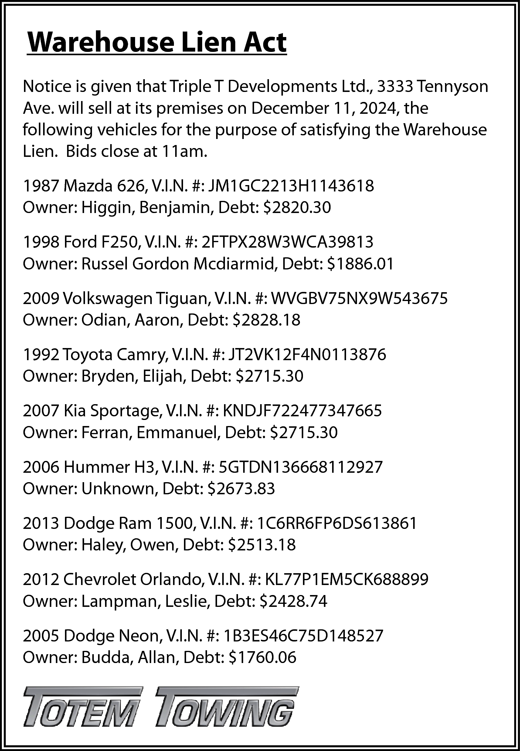 Warehouse Lien Act <br>Notice is  Warehouse Lien Act  Notice is given that Triple T Developments Ltd., 3333 Tennyson  Ave. will sell at its premises on December 11, 2024, the  following vehicles for the purpose of satisfying the Warehouse  Lien. Bids close at 11am.  1987 Mazda 626, V.I.N. #: JM1GC2213H1143618  Owner: Higgin, Benjamin, Debt: $2820.30  1998 Ford F250, V.I.N. #: 2FTPX28W3WCA39813  Owner: Russel Gordon Mcdiarmid, Debt: $1886.01  2009 Volkswagen Tiguan, V.I.N. #: WVGBV75NX9W543675  Owner: Odian, Aaron, Debt: $2828.18  1992 Toyota Camry, V.I.N. #: JT2VK12F4N0113876  Owner: Bryden, Elijah, Debt: $2715.30  2007 Kia Sportage, V.I.N. #: KNDJF722477347665  Owner: Ferran, Emmanuel, Debt: $2715.30  2006 Hummer H3, V.I.N. #: 5GTDN136668112927  Owner: Unknown, Debt: $2673.83  2013 Dodge Ram 1500, V.I.N. #: 1C6RR6FP6DS613861  Owner: Haley, Owen, Debt: $2513.18  2012 Chevrolet Orlando, V.I.N. #: KL77P1EM5CK688899  Owner: Lampman, Leslie, Debt: $2428.74  2005 Dodge Neon, V.I.N. #: 1B3ES46C75D148527  Owner: Budda, Allan, Debt: $1760.06    