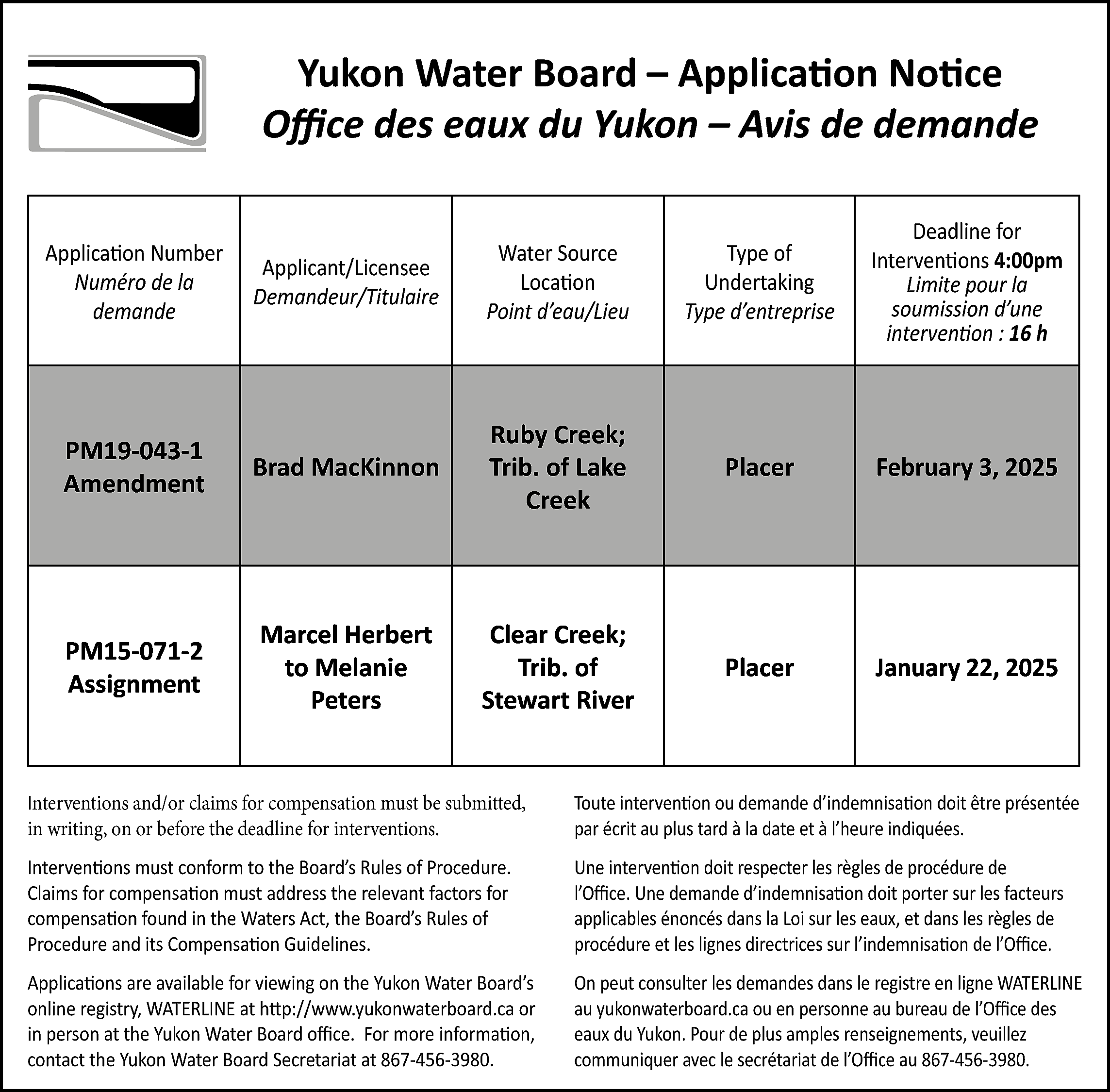 Yukon Water Board – Application  Yukon Water Board – Application Notice  Office des eaux du Yukon – Avis de demande  Application Number  Numéro de la  demande    Applicant/Licensee  Demandeur/Titulaire    Water Source  Location  Point d’eau/Lieu    Type of  Undertaking  Type d’entreprise    Deadline for  Interventions 4:00pm  Limite pour la  soumission d’une  intervention : 16 h    PM19-043-1  Amendment    Brad MacKinnon    Ruby Creek;  Trib. of Lake  Creek    Placer    February 3, 2025    PM15-071-2  Assignment    Marcel Herbert  to Melanie  Peters    Clear Creek;  Trib. of  Stewart River    Placer    January 22, 2025    Interventions and/or claims for compensation must be submitted,  in writing, on or before the deadline for interventions.    Toute intervention ou demande d’indemnisation doit être présentée  par écrit au plus tard à la date et à l’heure indiquées.    Interventions must conform to the Board’s Rules of Procedure.  Claims for compensation must address the relevant factors for  compensation found in the Waters Act, the Board’s Rules of  Procedure and its Compensation Guidelines.    Une intervention doit respecter les règles de procédure de  l’Office. Une demande d’indemnisation doit porter sur les facteurs  applicables énoncés dans la Loi sur les eaux, et dans les règles de  procédure et les lignes directrices sur l’indemnisation de l’Office.    Applications are available for viewing on the Yukon Water Board’s  online registry, WATERLINE at http://www.yukonwaterboard.ca or  in person at the Yukon Water Board office. For more information,  contact the Yukon Water Board Secretariat at 867-456-3980.    On peut consulter les demandes dans le registre en ligne WATERLINE  au yukonwaterboard.ca ou en personne au bureau de l’Office des  eaux du Yukon. Pour de plus amples renseignements, veuillez  communiquer avec le secrétariat de l’Office au 867-456-3980.    