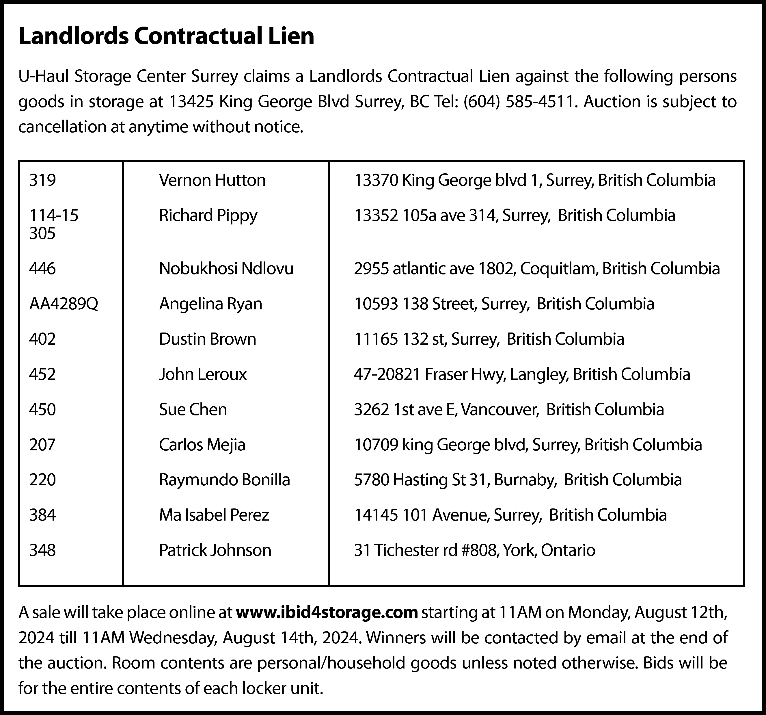 Landlords Contractual Lien <br>U-Haul Storage  Landlords Contractual Lien  U-Haul Storage Center Surrey claims a Landlords Contractual Lien against the following persons  goods in storage at 13425 King George Blvd Surrey, BC Tel: (604) 585-4511. Auction is subject to  cancellation at anytime without notice.  319    Vernon Hutton    13370 King George blvd 1, Surrey, British Columbia    114-15  305    Richard Pippy    13352 105a ave 314, Surrey, British Columbia    446    Nobukhosi Ndlovu    2955 atlantic ave 1802, Coquitlam, British Columbia    AA4289Q    Angelina Ryan    10593 138 Street, Surrey, British Columbia    402    Dustin Brown    11165 132 st, Surrey, British Columbia    452    John Leroux    47-20821 Fraser Hwy, Langley, British Columbia    450    Sue Chen    3262 1st ave E, Vancouver, British Columbia    207    Carlos Mejia    10709 king George blvd, Surrey, British Columbia    220    Raymundo Bonilla    5780 Hasting St 31, Burnaby, British Columbia    384    Ma Isabel Perez    14145 101 Avenue, Surrey, British Columbia    348    Patrick Johnson    31 Tichester rd #808, York, Ontario    A sale will take place online at www.ibid4storage.com starting at 11AM on Monday, August 12th,  2024 till 11AM Wednesday, August 14th, 2024. Winners will be contacted by email at the end of  the auction. Room contents are personal/household goods unless noted otherwise. Bids will be  for the entire contents of each locker unit.    