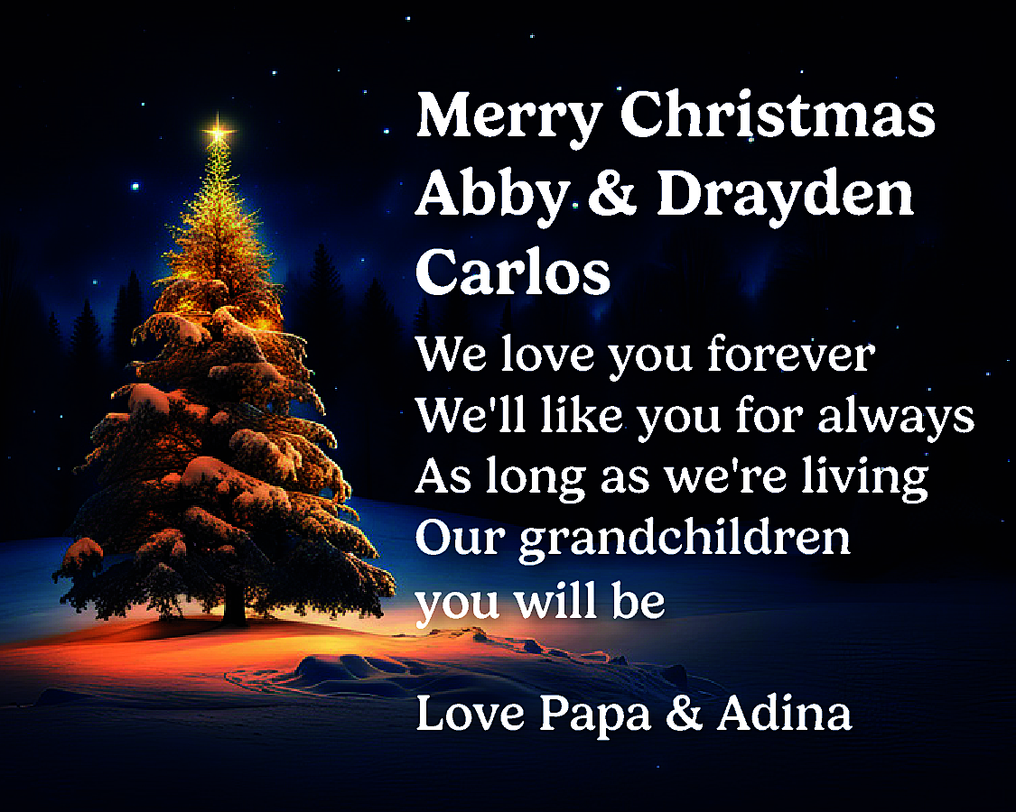 Merry Christmas <br>Abby & Drayden  Merry Christmas  Abby & Drayden  Carlos  We love you forever  Well like you for always  As long as were living  Our grandchildren  you will be  Love Papa & Adina    