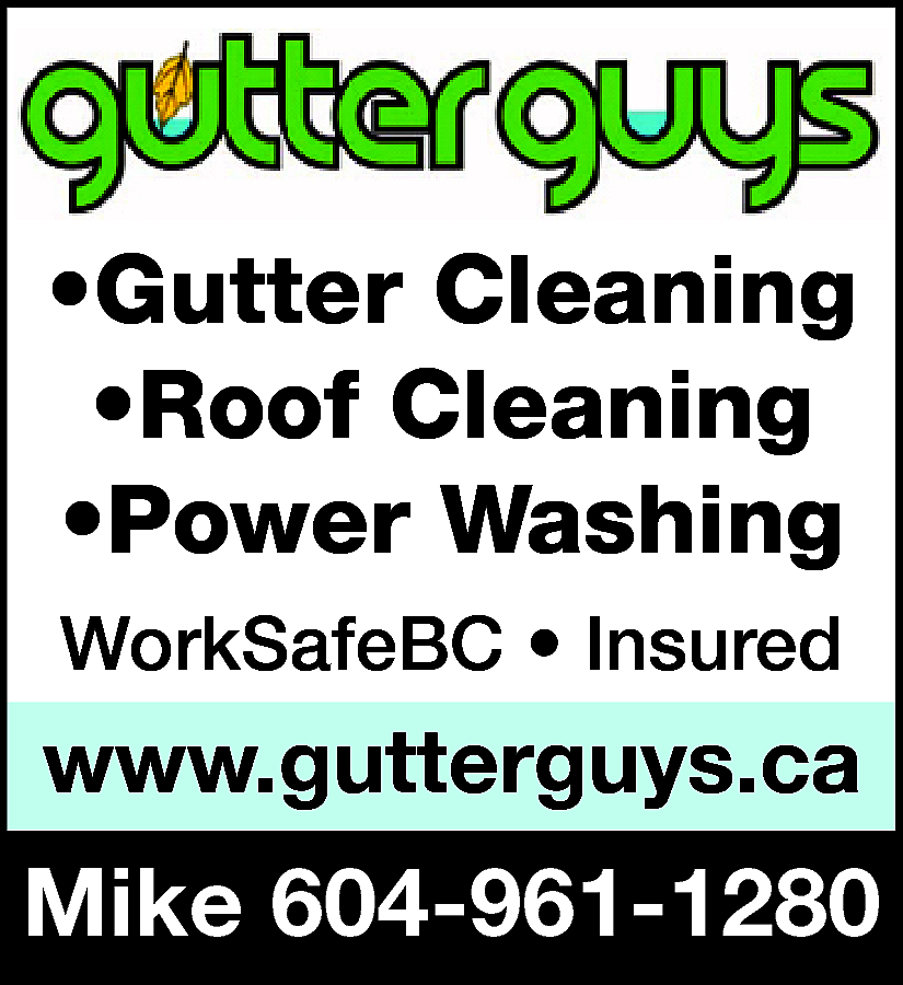 GUTTER GUYS •Gutter Cleaning •Roof  GUTTER GUYS •Gutter Cleaning •Roof Cleaning •Power Washing WorkSafeBC •Insured Mike 604-961-1280